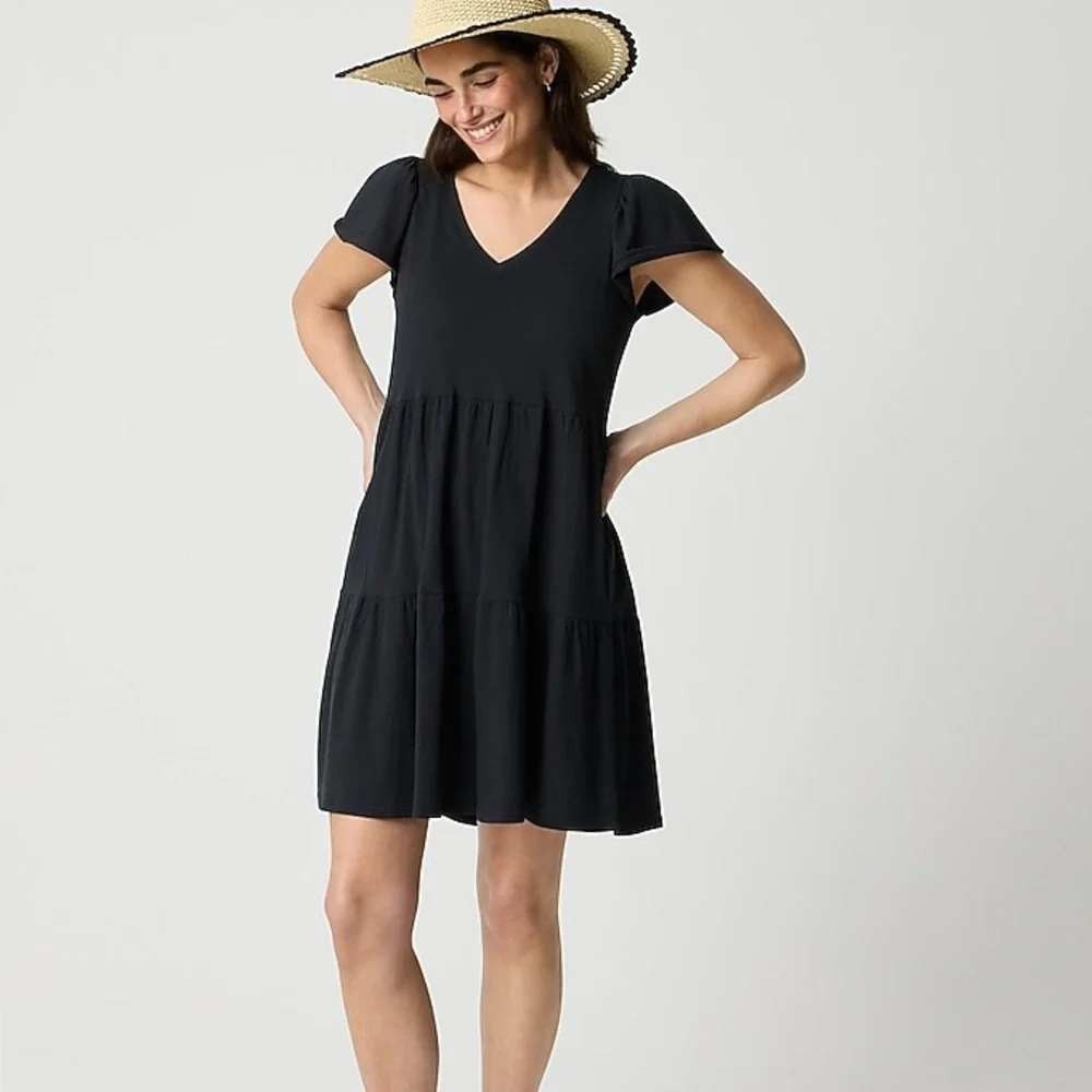 J.Crew Factory 2025 Black Tiered Knit Mini Dress M 100% Cotton Minimalist Casual